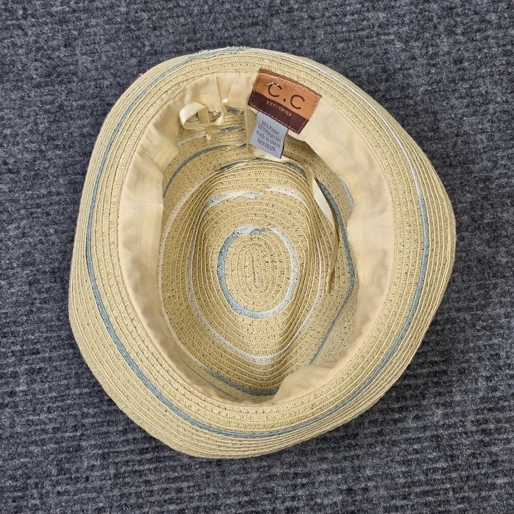 C.C Exclusives Straw Fedora Hat Women's Beige Blue Striped Summer Beach Sun Hat
